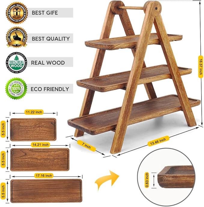 Manspdier Wood 3 Tier Serving Tray Three Tiered Serving Stand, Rectangle - Image 4