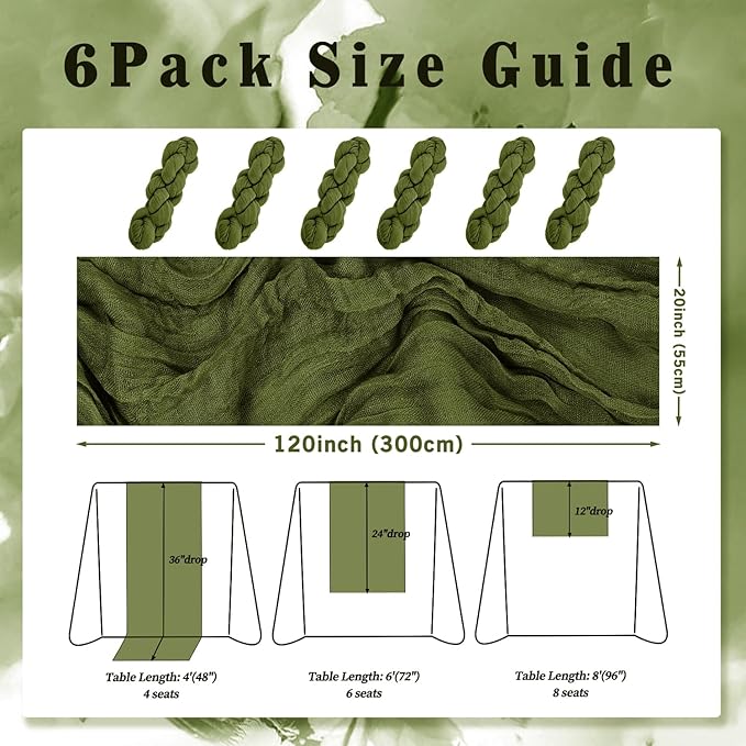 6 Pack Olive Green 10FT Cheesecloth Table Runner Rustic Gauze Cheese Cloth - Image 2