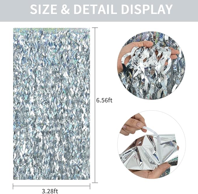 TONIFUL 3Pcs Wavy Metallic Tinsel Foil Fringe Curtains Silver Streamer Backdrop - Image 2