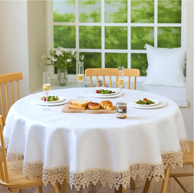Beige lace Premium Round Farmhouse Tablecloth Waterproof OilProof SpillProof by BrekSdat
