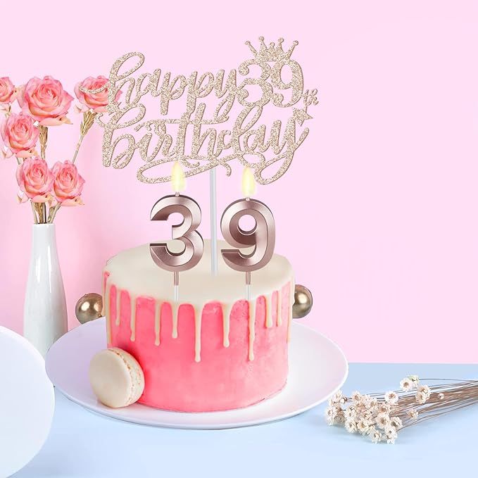 39th Birthday Decorations, Rose Gold Sash, Candles & Cake Topper - Image 6
