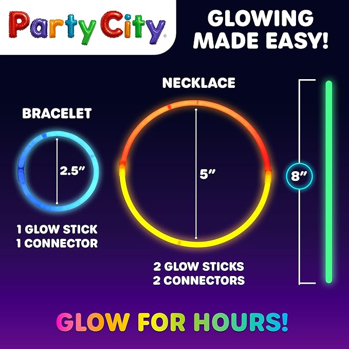 Party City 50 Glow Sticks Bulk Party Pack 8”– Neon Glow in the Dark Party - Image 3