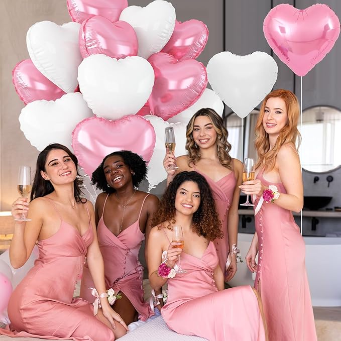 Pink White Heart Balloons, 18Inch White Helium Polyester Film Balloon - Image 4