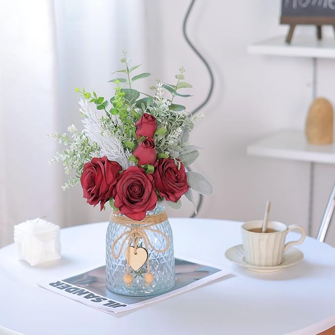 Faux Flowers with Vase, Artificial Silk Roses in Vase, Fake Plant Eucalyptus - Image 2