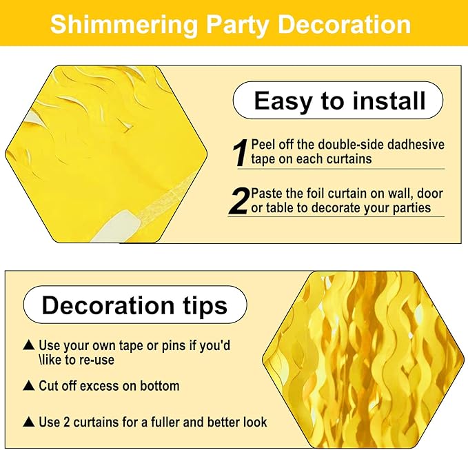 4 Pack MacaronYellow Wave Foil Fringe Curtain Backdrop, 3.28Ft x 8.2Ft Metallic - Image 3
