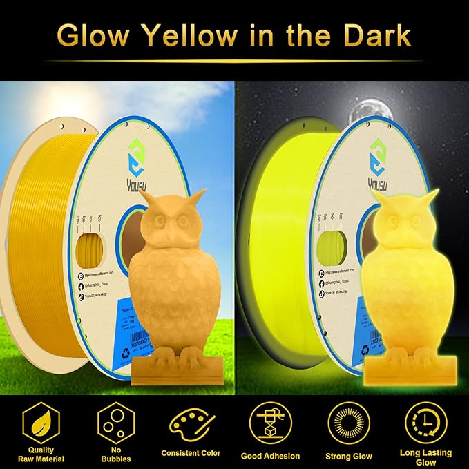 YOUSU 3D Printer Filament 1.75mm PLA Filament Glow in Dark PLA Filament Yellow - Image 2