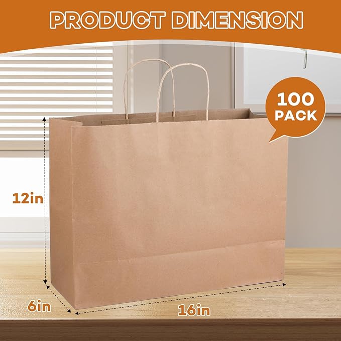 BURVAGY 16x6x12 Inch 100 Pcs Large Kraft Paper Bags - Image 2