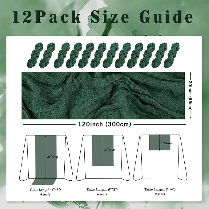 Emerald Green 12 Pack Cheesecloth Table Runner 10FT Boho Fabric Rustic Cheese - Image 2