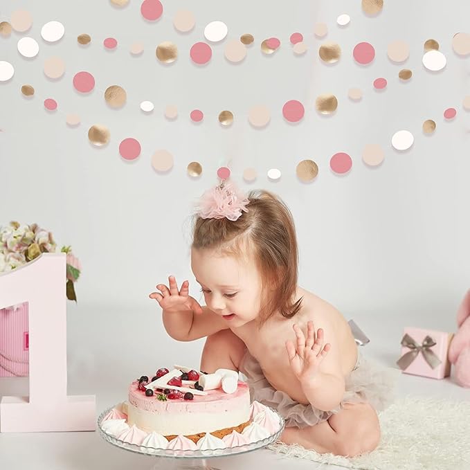 Champagne Gold Dusty Pink Decorations Circle Dots Garland Gold Pink Nude - Image 5