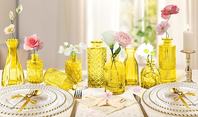 Light Yellow Glass Bud Vases Set, Crystal Mini Glasses in Bulk, Small Flower - Image 3