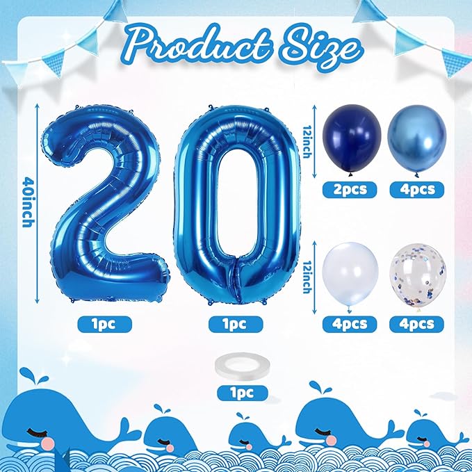 Dark Blue 20" Number 20 Balloon, Metallic Light Navy Blue Silver Confetti - Image 2