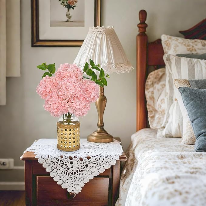 Hollyone Pink Hydrangea Artificial Flowers in Woven Glass Vase - Image 3
