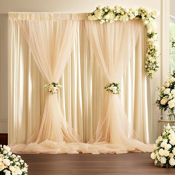 10 * 8FT Beige Pearl Tulle Double Layered Backdrop Curtain by GUANSEN