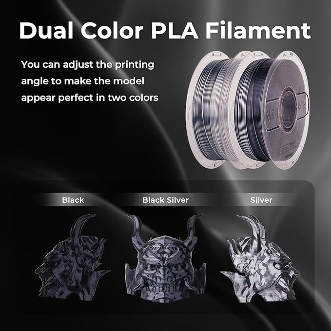 AMOLEN Silk PLA 3D Printer Filament, Dual Color Black Silver PLA 1.75mm - Image 2