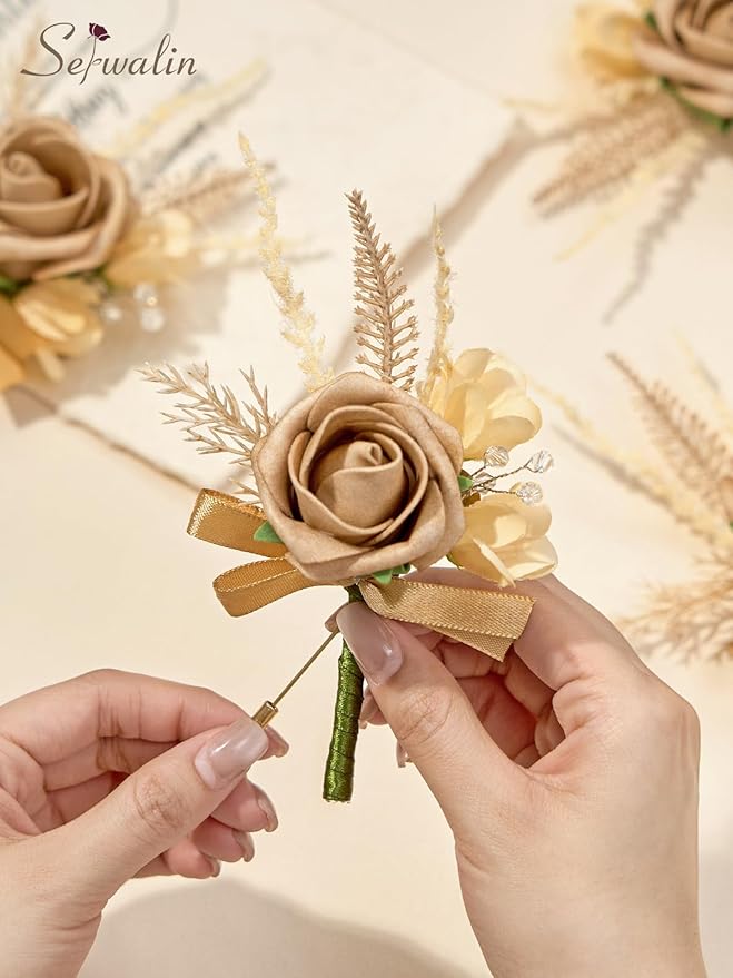 Serwalin 10Pcs Boutonniere for Men, Khaki Groom and Best Man Boutonniere - Image 2
