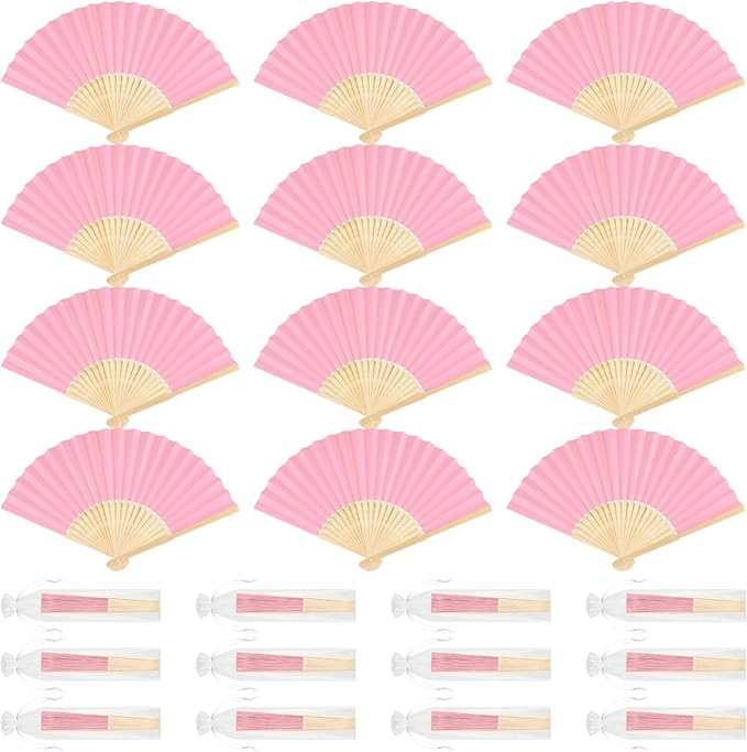 12 Pieces Pink Hand Held Bamboo Folding Fans Paper Fans Handheld by Bringsparkletoeverydaylife