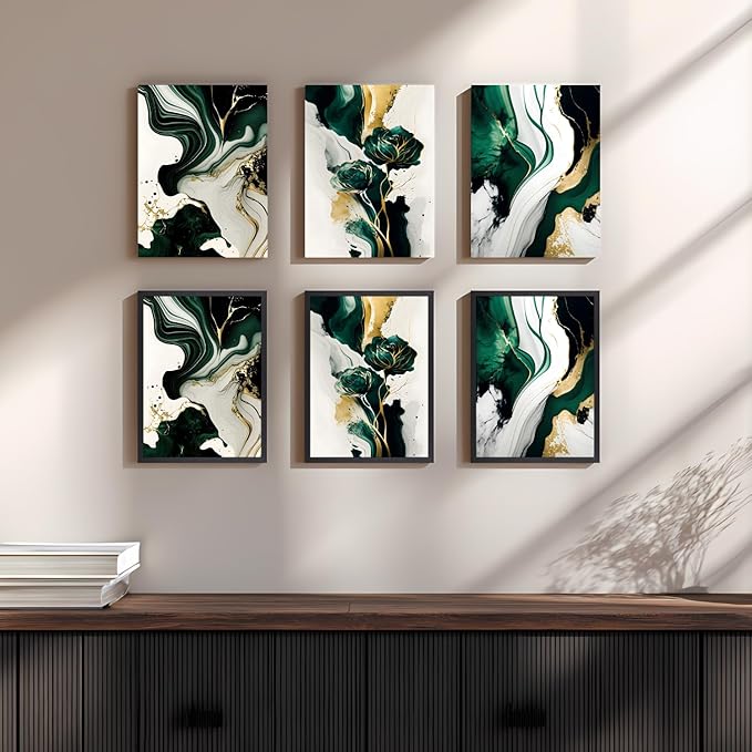 IAFWZX Wood Framed Green Gold Abstract Wall Art, Emerald Marble Textured Wall - Image 6