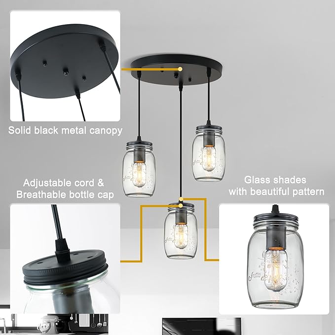 Kitchen Island Light, Adjustable Pendant Lighting, Glass Mason Jar Hanging Lamp - Image 5