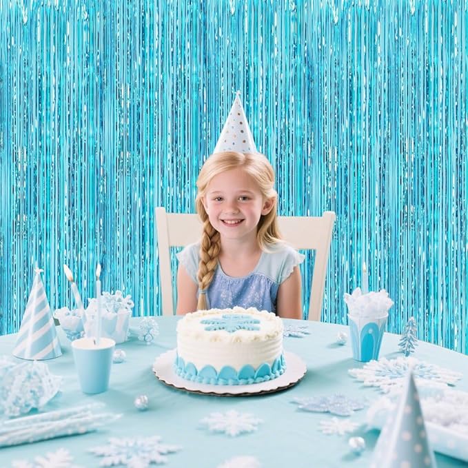 Light Blue Fringe Backdrop Party Decorations, 2 Pack Teal Tinsel Foil Fringe - Image 2