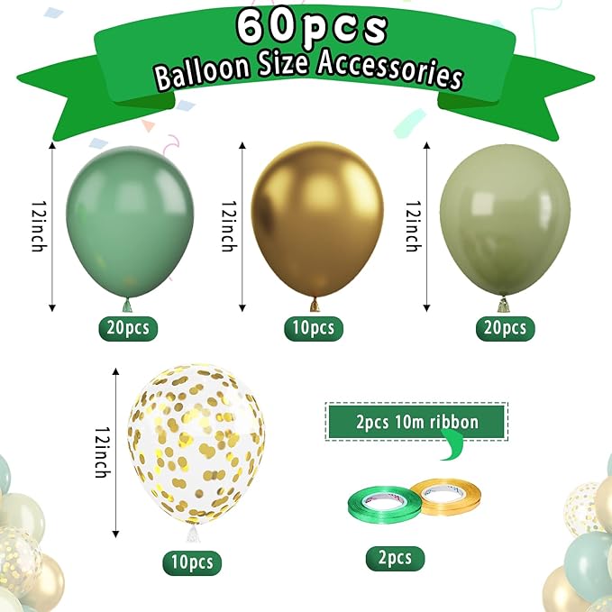 Paready Sage Green Gold Balloons, Retro Avocado Party Balloons - Image 3