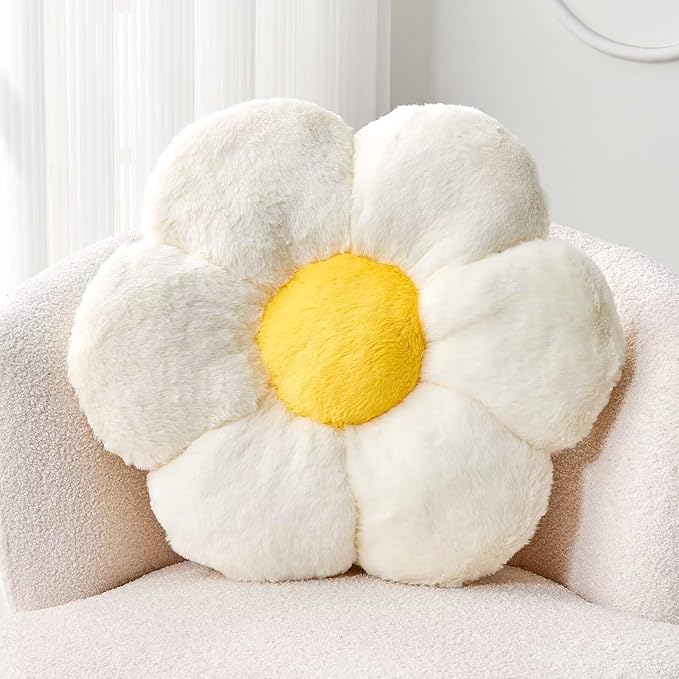 White Flower Plush Throw Pillow, Cute Decorative Flower Shaped by Kcvvcr
