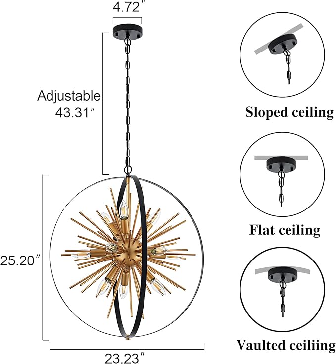 23.2'' Black Gold 12-Light Globe Sputnik Chandelier Modern Industrial - Image 2