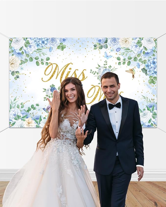Mocsicka Miss to Mrs Banner Blue Floral Gold Dots Bridal Shower Party - Image 2