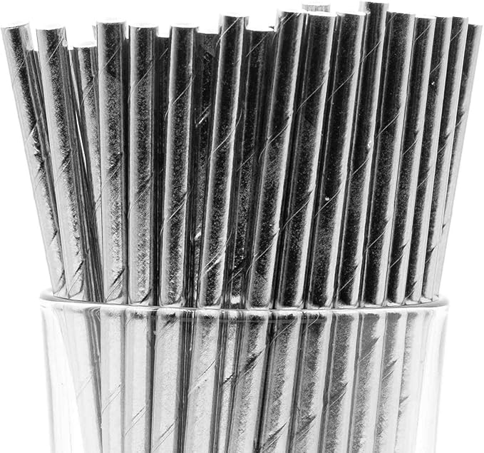 Pack of 300 Silver Foil Biodegradable 4-Ply Paper Drinking Straws by Stephanie+Imports