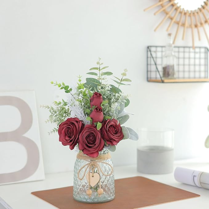 Faux Flowers with Vase, Artificial Silk Roses in Vase, Fake Plant Eucalyptus - Image 8