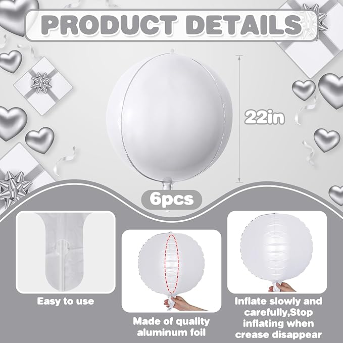 6Pcs White Round Foil Balloons, Giant 4D Round Ball Balloons, 22 Inch Metallic - Image 2