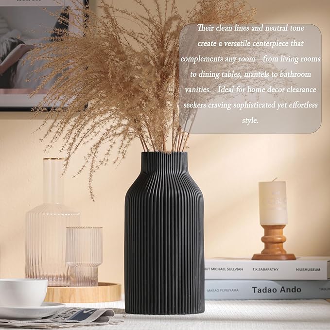 10 Inch Black Ceramic Vase for Decor, Minimalist Modern Home Decorative Large - Image 4