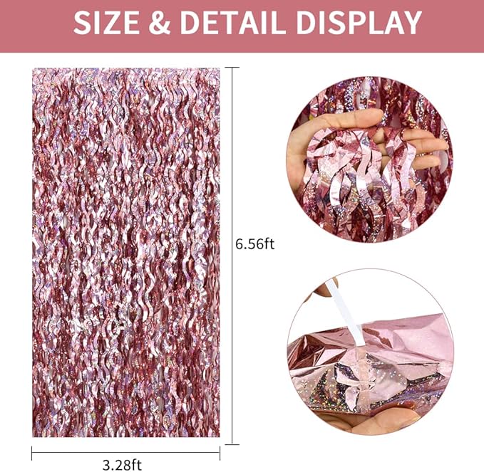 TONIFUL 3Pcs Wavy Metallic Tinsel Foil Fringe Curtains Rose Gold Streamer - Image 2