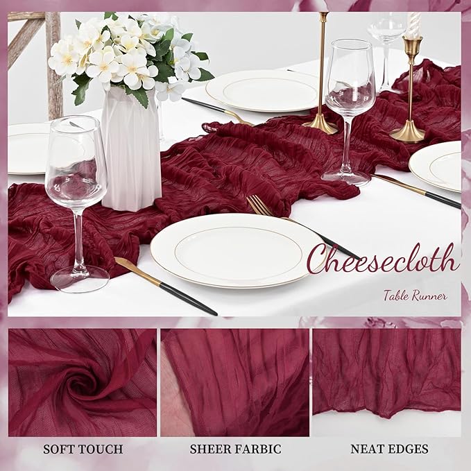 Burgundy 12 Pack Cheesecloth Table Runner 10FT Rustic Gauze Cheese Cloth Table - Image 3