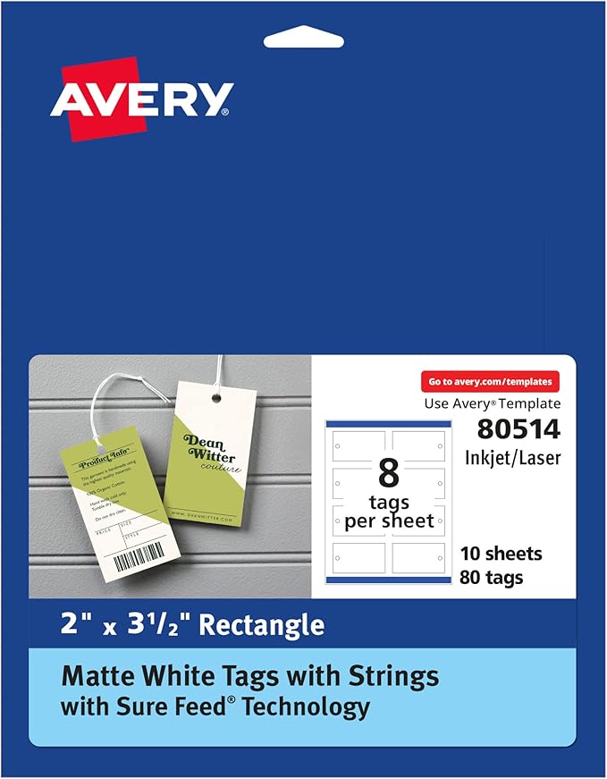Avery Rectangle Tags, Sure Feed Technology, Matte White, Strings Included by Avery