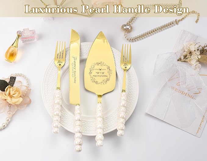 Wedding Cake Knife and Server Set, Ceramic Pearl Handle Wedding Cake Cutting Set - Image 3