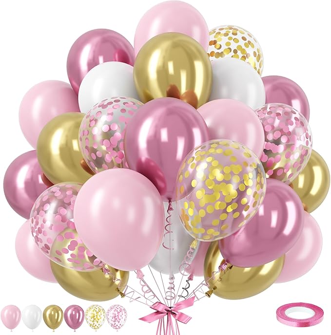 Pink Gold Balloons Set, 12 Inch Pink White Latex Balloons Pink Confetti Helium by TAOYE