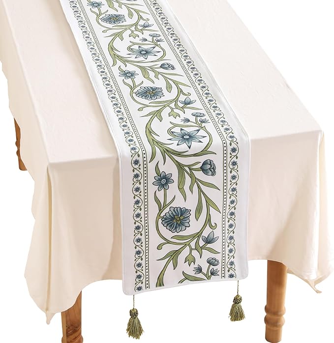 ISAENNE Designer Elegant Linen Table Runner 87 Inches Long, Vintage Blue Floral by Isaennehomedecoration