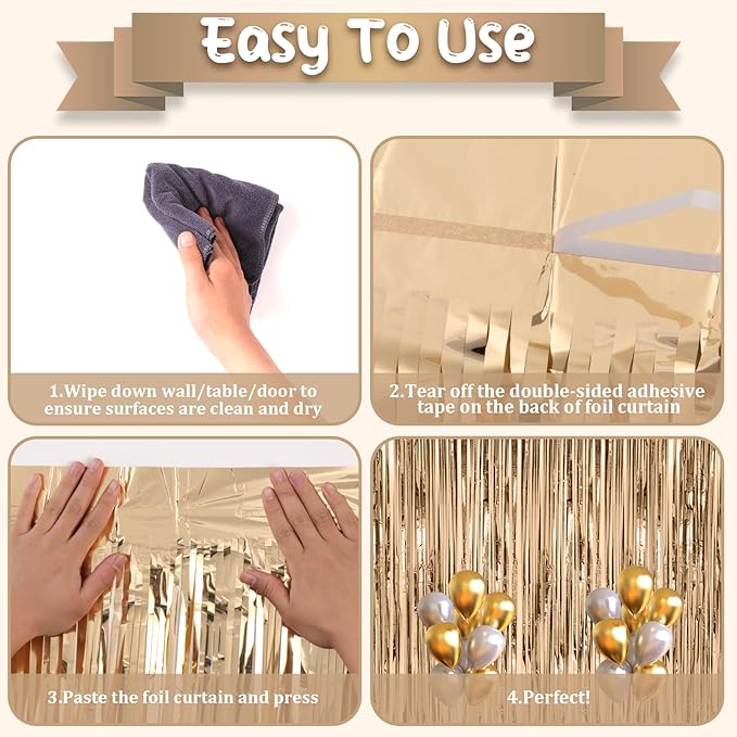 2 Pack Champagne Foil Fringe Backdrop Curtains, Tinsel Streamers Birthday Party - Image 4