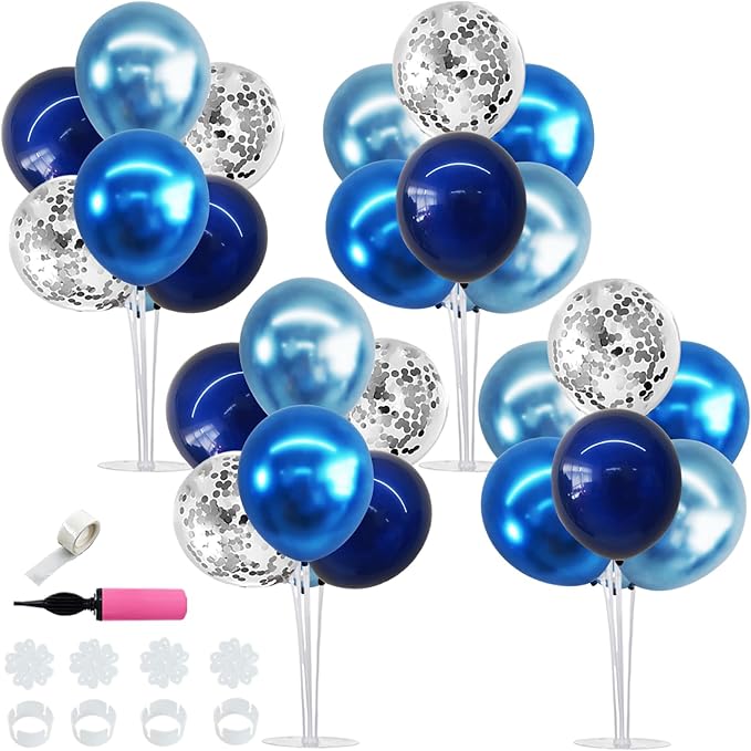 TONIFUL 4 Set Metallic Blue Silver Balloon Stand Centerpiece Table Decorations by TONIFUL