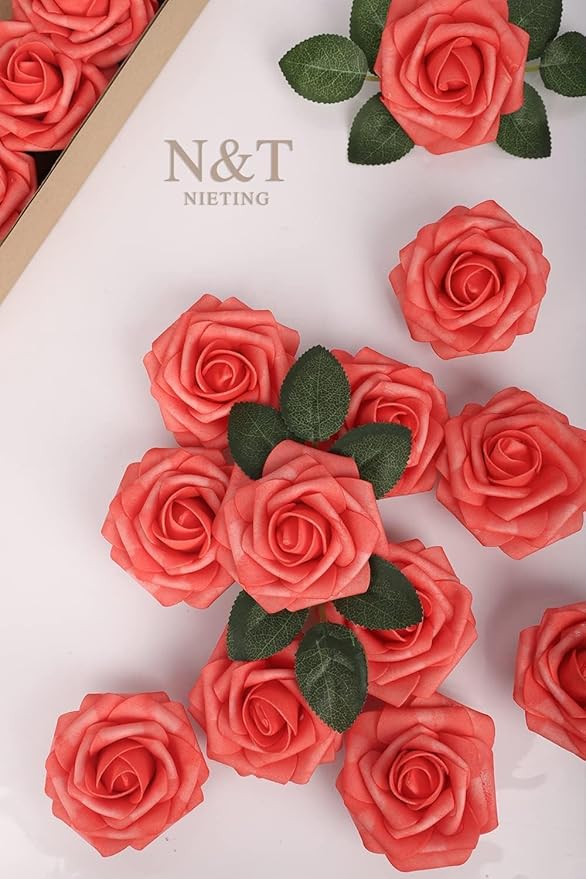 N&T NIETING Artificial Flowers 25pcs Real Looking Coral Foam Fake Roses - Image 2