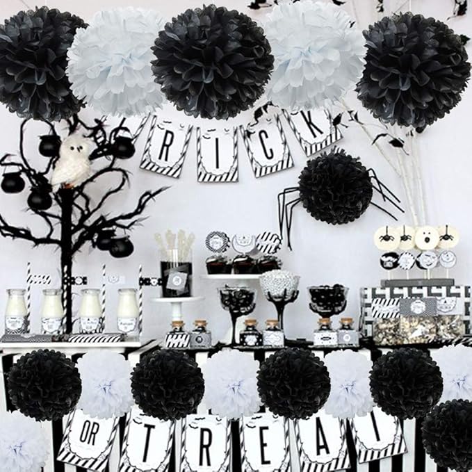 Black and White Paper Flower Tissue Pom Poms Party Supplies - Image 3