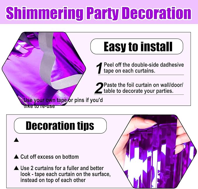 6 Pack Purple Foil Fringe Curtain Backdrop, 3.28Ft x 8.2Ft Metallic Tinsel Foil - Image 3