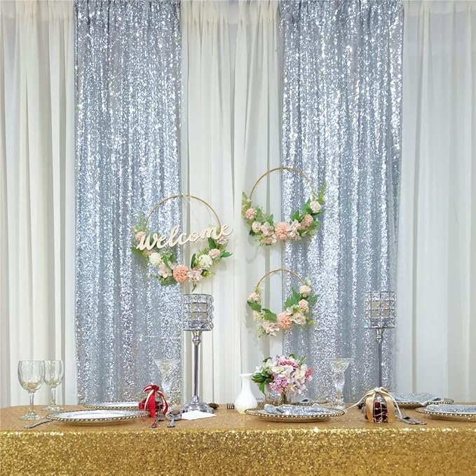 SquarePie Sequin Curtain 2FT x 8FT Silver 2pcs Backdrop Background - Image 3