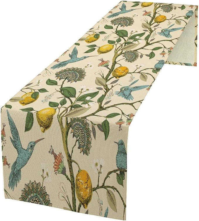 Table Runner with Flowers and Birds, Spring Plant Flowers Table Decoration by ICMOLYYENLO