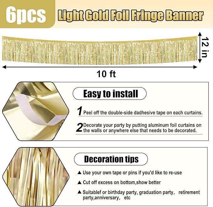 6 Pack 10 Feet Light Gold Foil Fringe Garland Metallic Tinsel Streamers Banner - Image 2