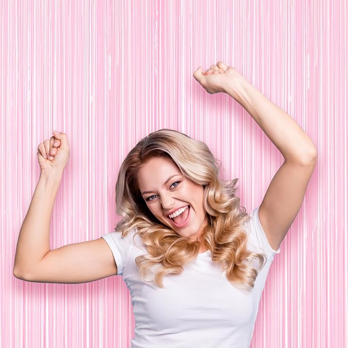 3 Pack 3.3 x 8.2 ft Pasel Pink Foil Fringe Backdrop Curtains, Tinsel Streamers - Image 7
