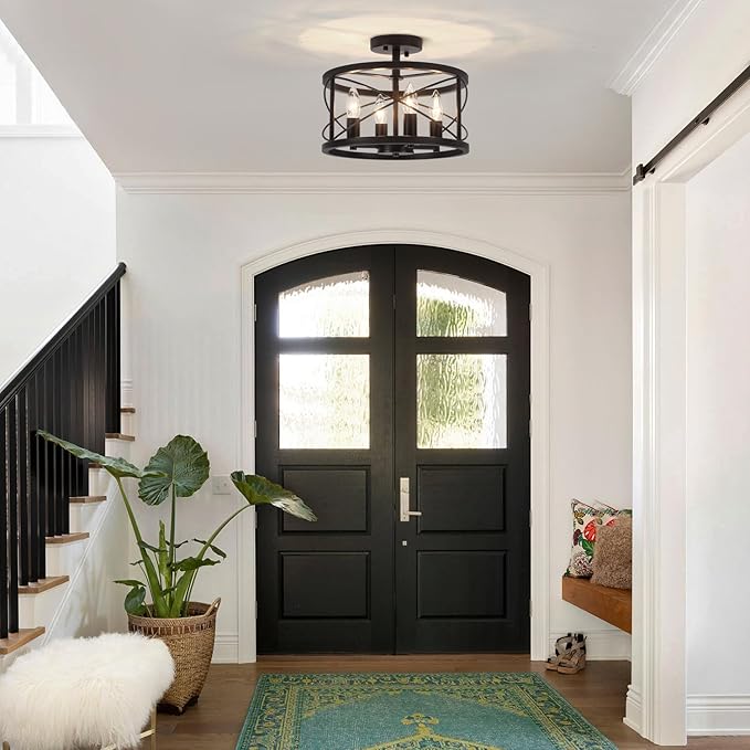 Black Semi Flush Mount Ceiling Light Fixture, 4-Light Farmhouse Modern Ceiling - Image 2