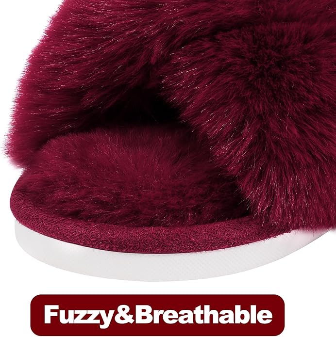 Evshine Women's Fuzzy Slippers Cross Band Memory Foam House Slippers Open Toe - Image 2