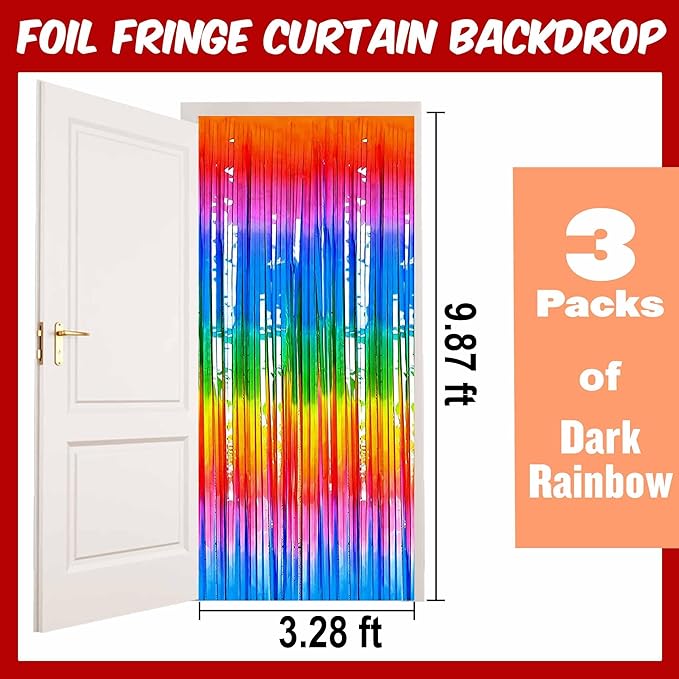 3 Pack Dark Rainbow Foil Fringe Curtains Backdrop, 3.28 x 9.8 Ft Metallic - Image 2