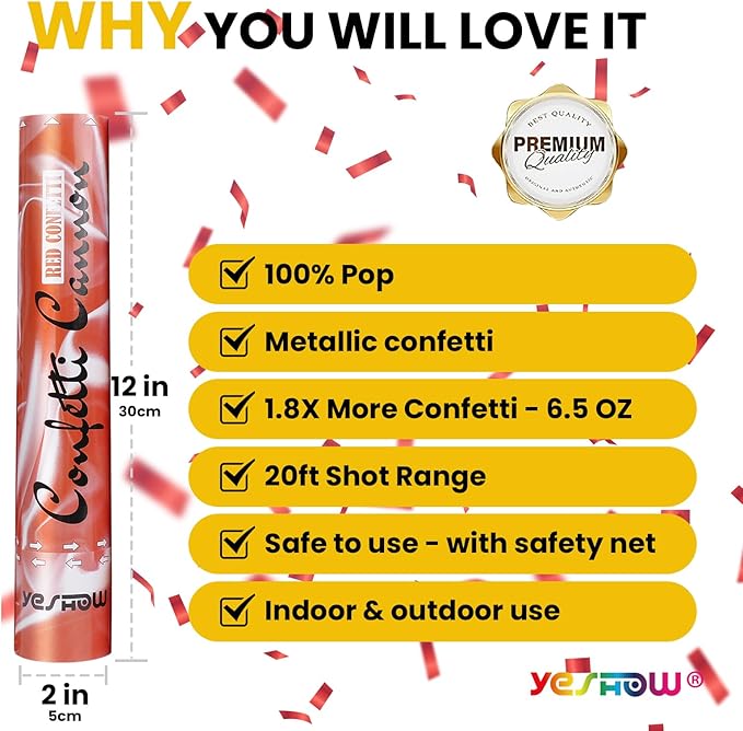Confetti Cannon Party Poppers Shooters Red, YESHOW Confetti Bomb Blaster - Image 3